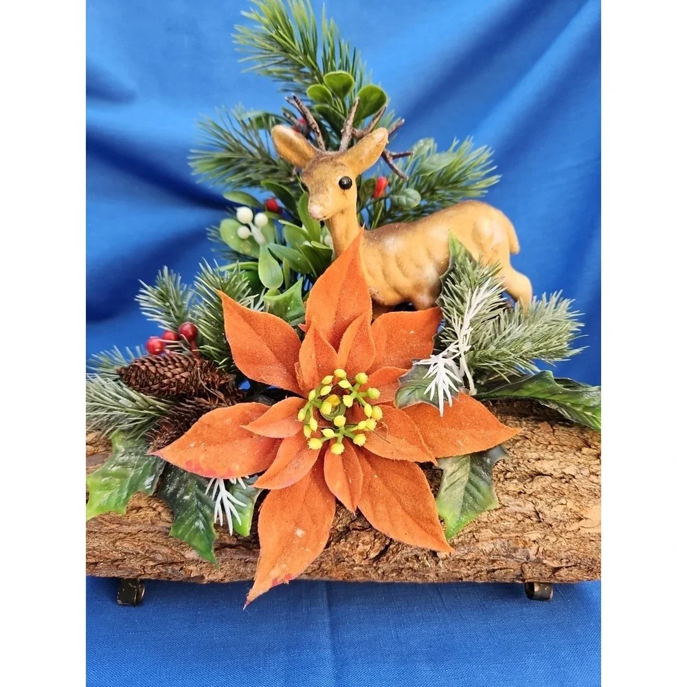 Christmas Reindeer Yule Tide Log Centerpiece Flocked Plastic Poinsettia 10